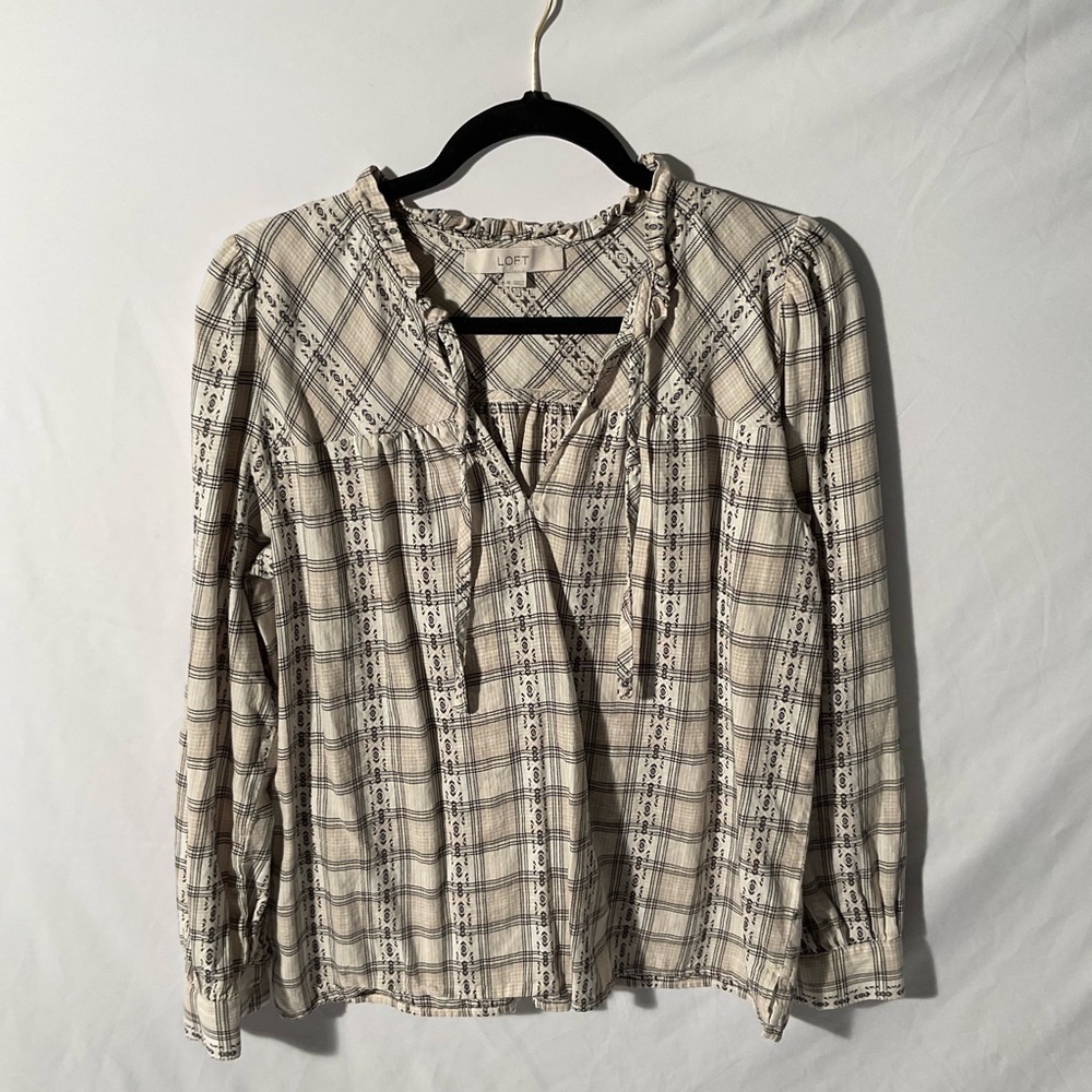 LOFT Cream and Black Plaid Blouse